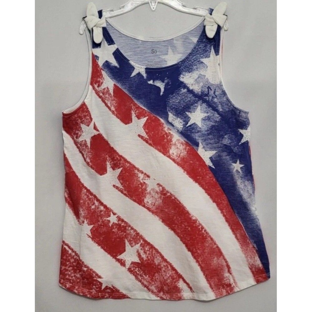 SO Girls Size 14 Americana Tank Top Red White Blue Flag Stars Shoulder Bows